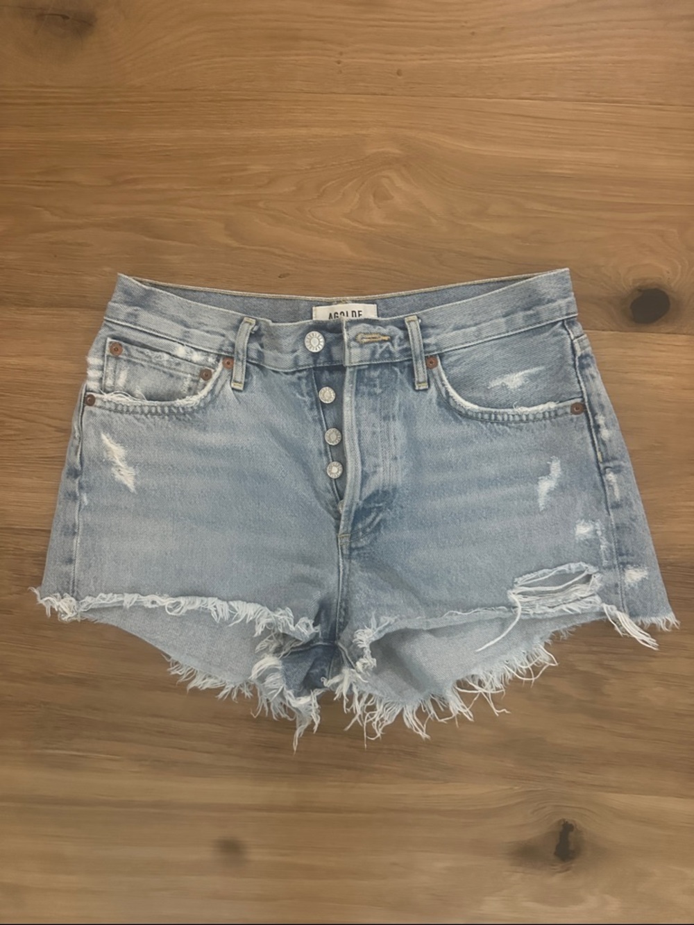 Agolde Light Wash Distressed High-Rise Denim Shorts